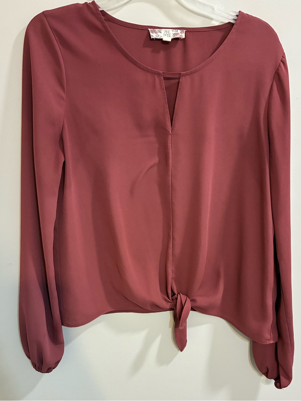 Pink Rose Mauve Tie-Front Long Sleeve Blouse Medium